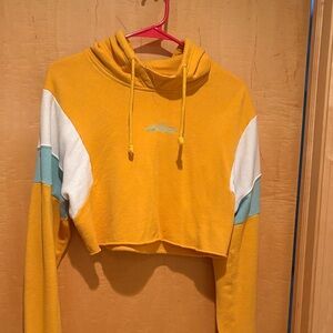 Hollister Yellow Crop Hoodie with White and Blue Accents